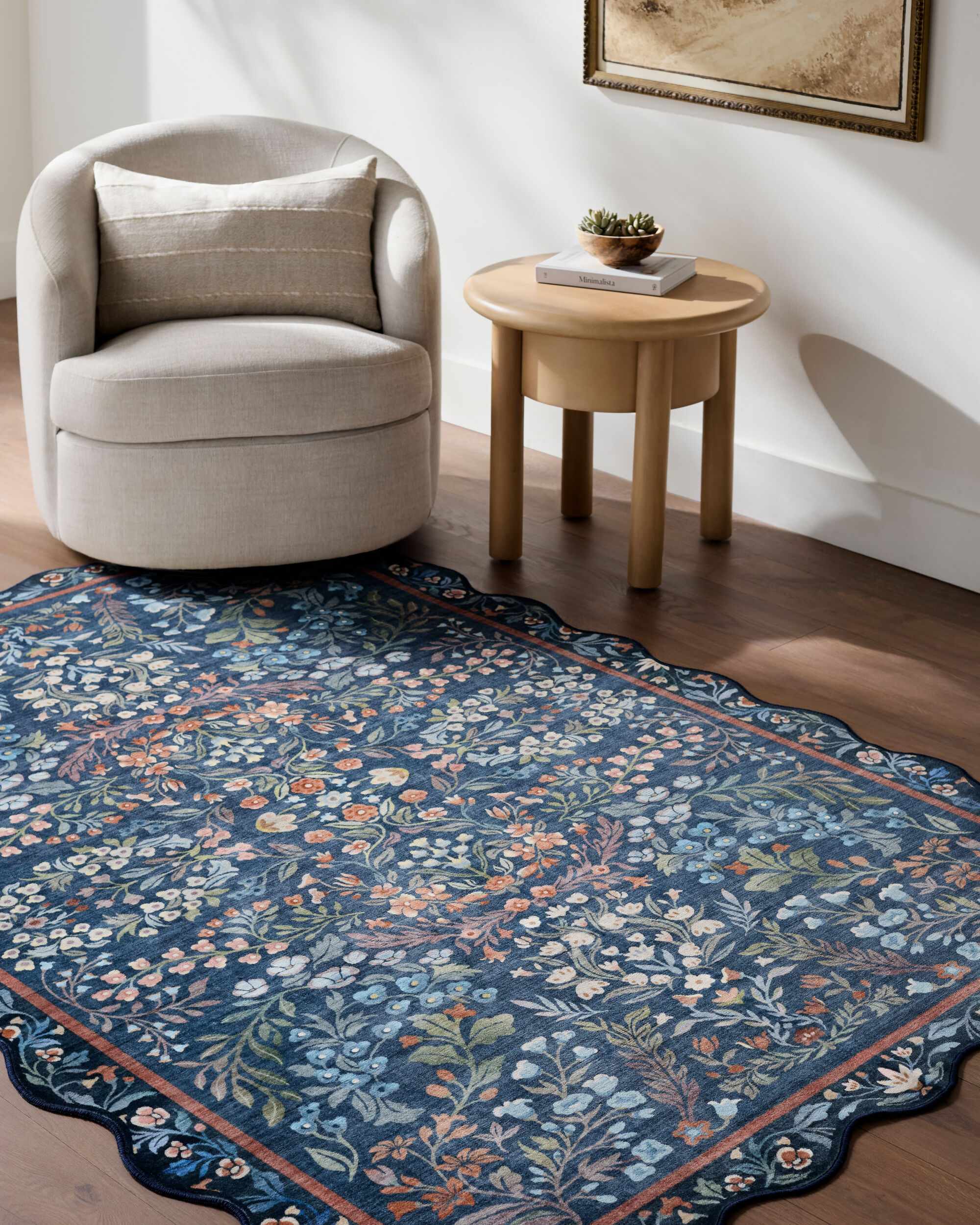Pepo Blue Floralnature Machine Woven Polyester Washable Area Rug