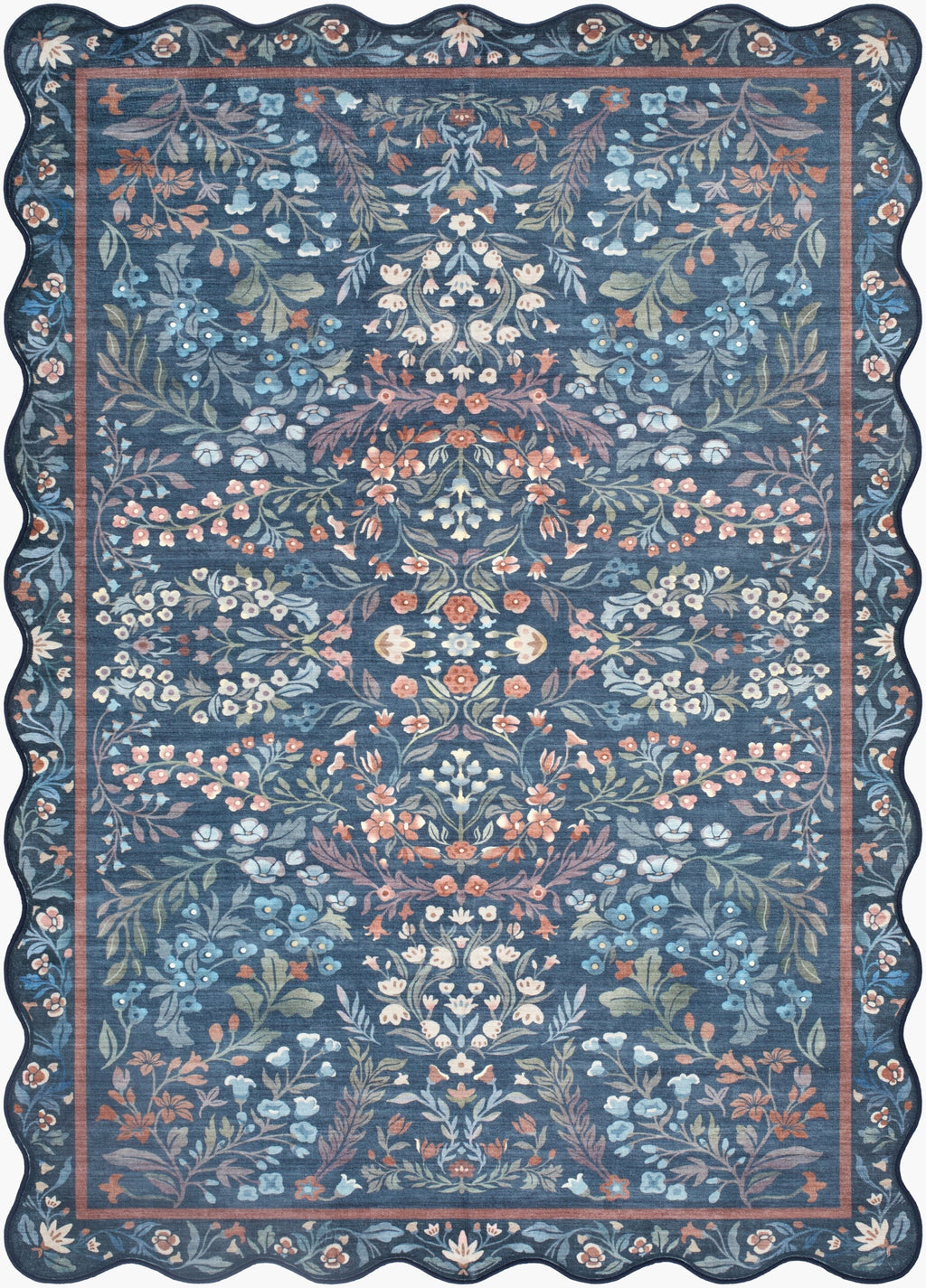 Pepo Blue Floralnature Machine Woven Polyester Washable Area Rug