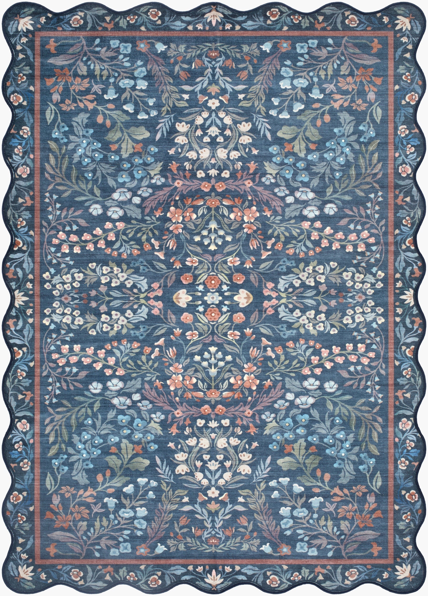 Pepo Blue Floralnature Machine Woven Polyester Washable Area Rug